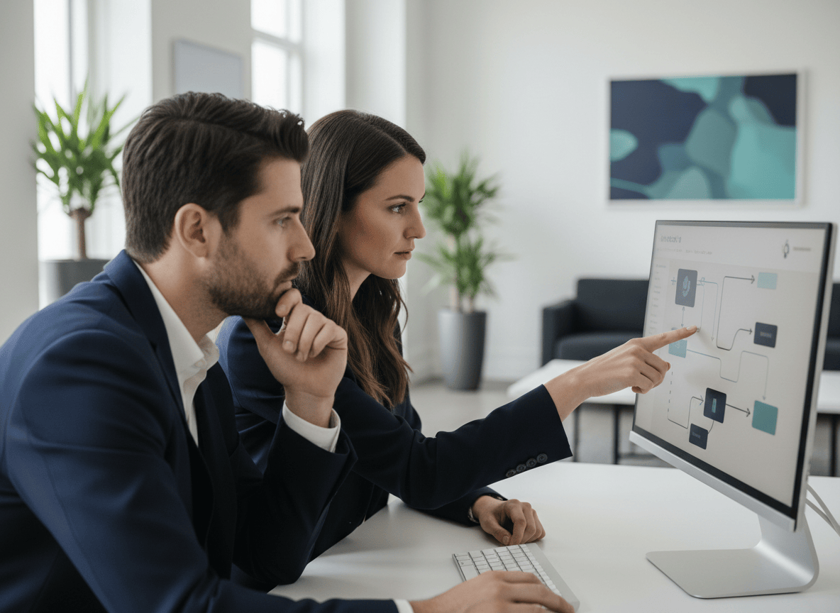 Revenue cycle professionals reviewing an automated workflow together